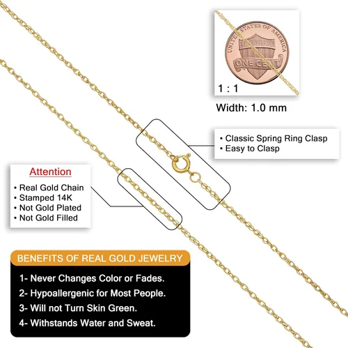 Miniatura 2 de Kooljewelry - Cadena de cuerda de oro amarillo auténtico de 14 quilates, para dije, collar para mujer (0.028, 0.035, 0.039, 0.051 o 0.059 pulgadas)