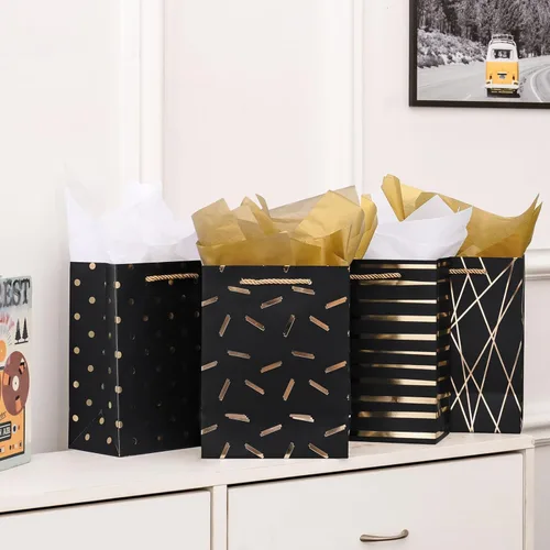 Miniatura 4 de Nihuecne Bolsas de regalo de tamaño mediano de 9 pulgadas con papel de seda, paquete de 4 bolsas de regalo de papel de envoltura de oro negro