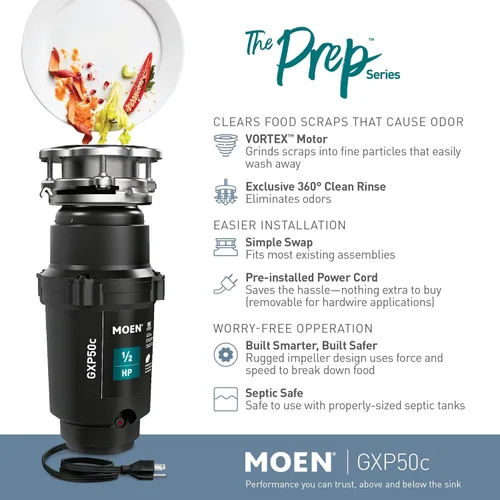 Miniatura 2 de Moen Prep Series PRO GXP50C - Triturador de basura compacto de alimentación continua para fregadero de cocina con cable de alimentación