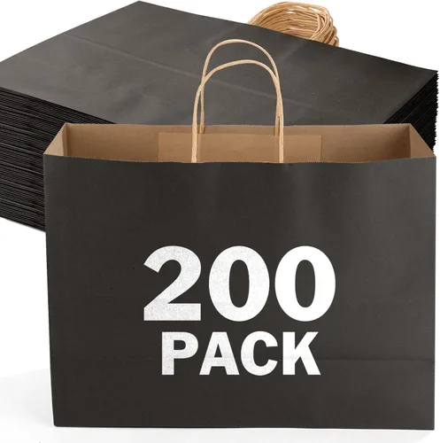 XPCARE Paquete de 200 bolsas de regalo de papel grandes con asas a granel, 16 x 6 x 12 pulgadas, bolsas de papel kraft natural liso para bolsas de