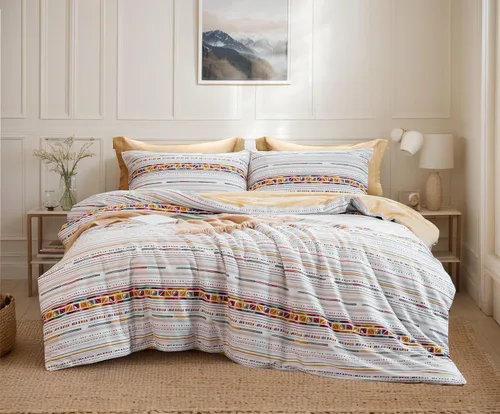 Miniatura 41 de SLEEPBELLA Juego de edredón tamaño King, 600 hilos de algodón amarillo y azul damasco con patrón reversible marrón topo, juego de edredón blanco