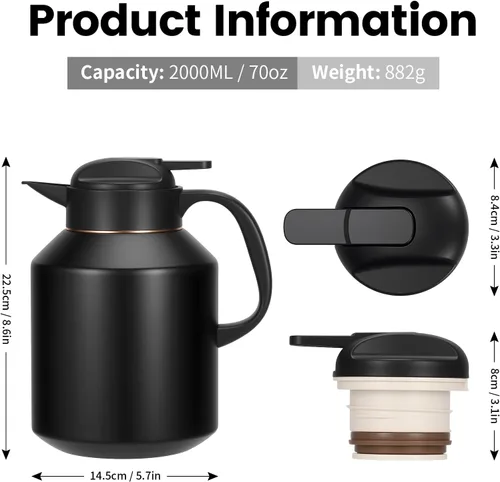 Miniatura 3 de Jarra térmica de café de 70 onzas aislada para mantener el calor y el frío, cafetera térmica de acero inoxidable para café, té, agua para fiestas