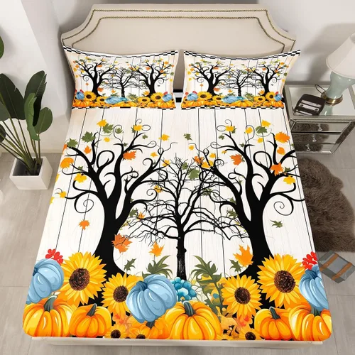 Miniatura 9 de Manfei Sábana bajera ajustable de otoño, tamaño individual, hojas de calabaza, dibujos animados, arcoíris, zorro, oso, ciervo, juego de ropa de cama