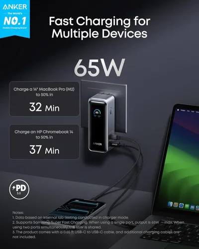 Miniatura 2 de Anker Prime Power Bank, paquete de batería de 9,600 mAh con cargador de pared de salida de 65 W, compatible con PD 3.0 y PPS, recarga rápida de 30