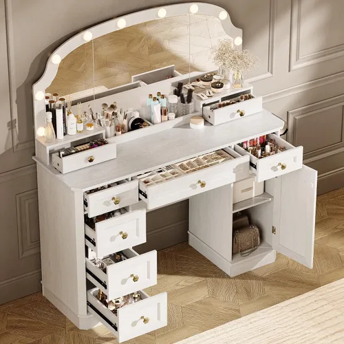 Miniatura 9 de Escritorio de maquillaje de granja con espejo y luces, mesa de tocador de 47 pulgadas con 8 cajones de almacenamiento, 1 gabinete y 2 bandejas