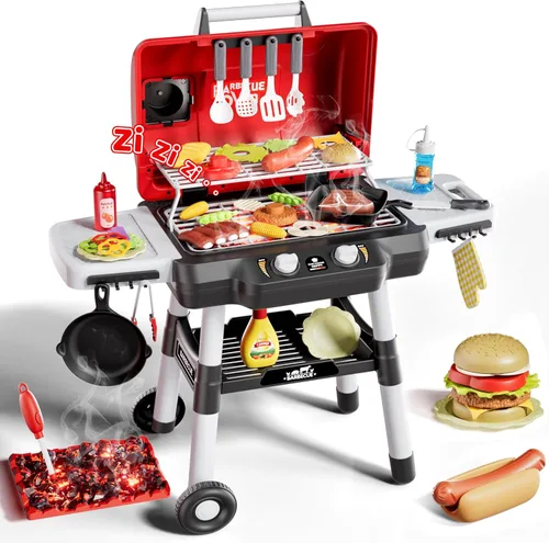 Juguetes de cocina para niños, juego de parrilla BBQ para niños, juguete de barbacoa de 2 niveles con ruedas, sonido de humo y luz, juego de