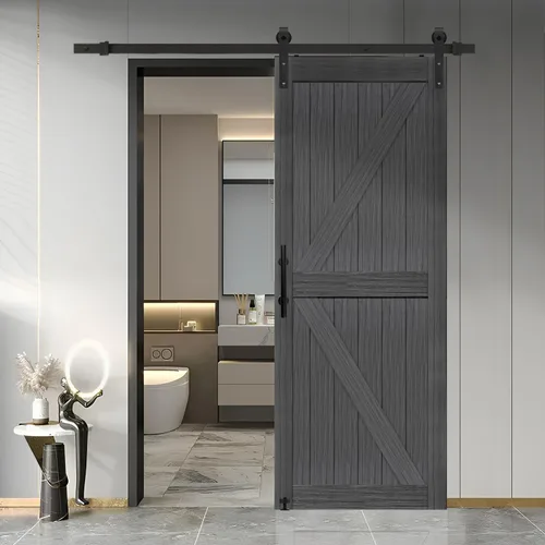 Miniatura 21 de S&Z TOPHAND® Puerta de granero doble de MDF de 18 x 84 pulgadas con kit de herrajes para puerta corredera de 6 pies, tablero sólido de puerta