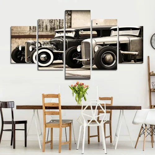 Miniatura 4 de CrmArt Póster modular HD impreso en lienzo, marcos de pintura para sala de estar, arte de pared, 5 piezas de Hot Rod vintage, fotos de automóvil