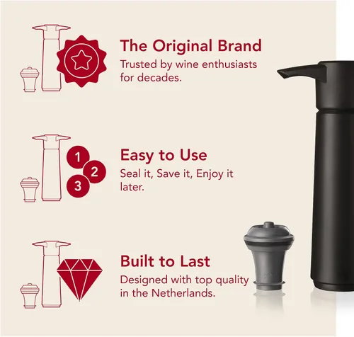 Miniatura 3 de Vacu Vin Conservador de Vino Original con 1 Tapón de Botella al Vacío – Bomba Conservadora de Vino de Color Negro para Vino Tinto o Blanco – Sistema