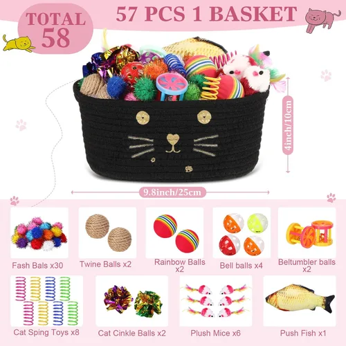 Miniatura 2 de Zopeal - Juego de 58 cestas de almacenamiento para gatos de verano, juguetes de regalo, bolas intermitentes coloridas para mascotas, bolas Negro