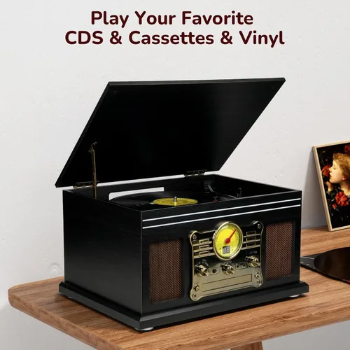 Miniatura 6 de FEKTIK FEKTIK - Tocadiscos Bluetooth 10 en 1, tocadiscos de 3 velocidades para vinilo con altavoces, convertidor LP a MP3, CD, reproductor de Negro