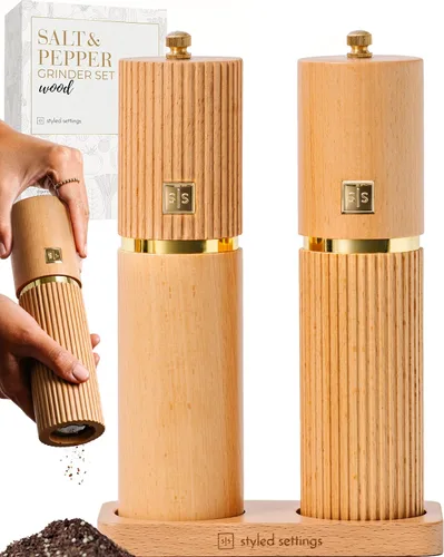 Styled Settings Juego de Molinillos de Sal y Pimienta de Madera con Detalles Dorados – Juego de Molinillos de Sal y Pimienta Manual de Madera Madera