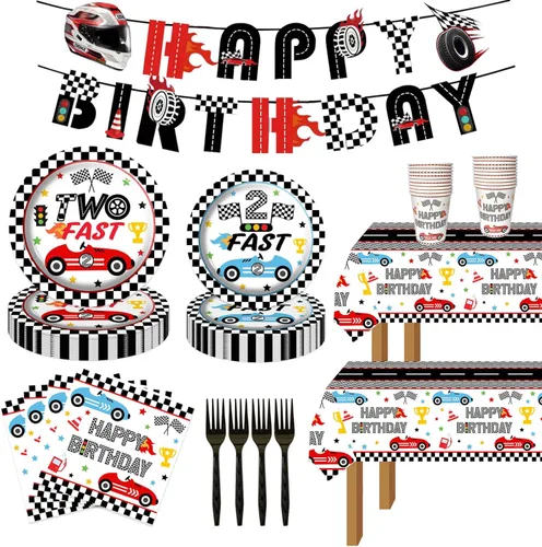 117 piezas de decoración de fiesta de 2º cumpleaños de coche de carreras, dos platos de fiesta de bandera a cuadros rápidos, servilletas, tenedores,