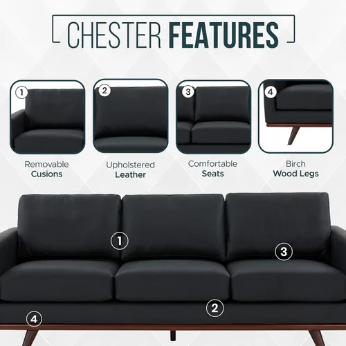 Miniatura 4 de LeisureMod Chester - Sofá moderno de cuero de 3 plazas con base de madera de abedul, sofá de sala de estar de mediados de siglo, 33.46 pulgadas