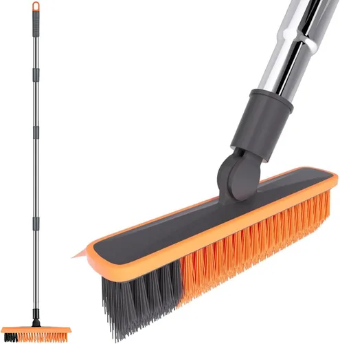 Cepillo fregador de piso 2 en 1 con mango largo, telescópico, 3 polos, cepillo de lechada de 61.8 pulgadas, raspador de cerdas rígidas, cepillo de