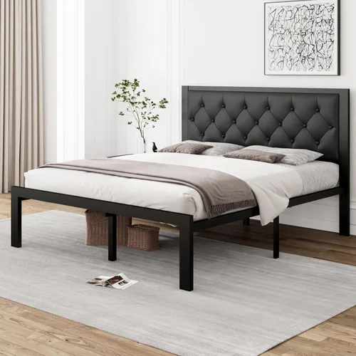 Miniatura 3 de iPormis Marco de cama de metal tamaño Queen, plataforma de piel sintética con cabecera capitoné con botones, espacio debajo de la cama de 12 Negro