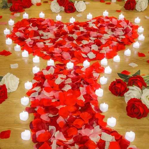 Miniatura 9 de VIHOSE 4000 pétalos de rosa artificiales con 24 velas LED de té, velas LED sin llama, pétalos de rosa falsos para bodas, fiestas de cumpleaños