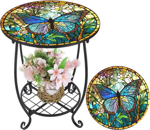 Miniatura 33 de Cinnvoice Mesa auxiliar redonda para exteriores, mosaico pequeño, decoración de patio, planta interior, mesa de té para patio, porche, jardín, sala