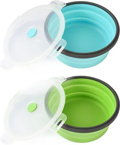 Cuencos plegables para perros con tapas, paquete de 2 cuencos de viaje para perros de tamaño pequeño, cuencos portátiles de silicona para alimentos