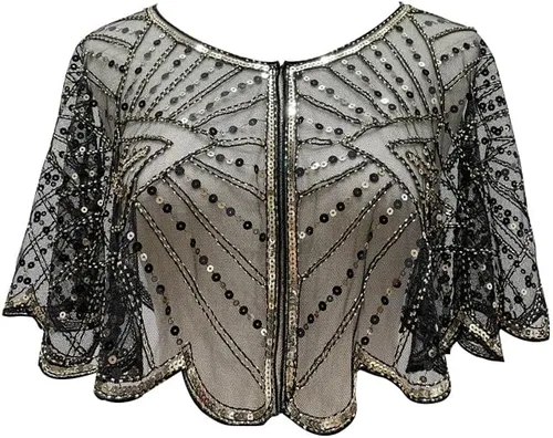 Miniatura 9 de Specell Chal de novia de los años 20, chal con cuentas de lentejuelas, chal y envolturas Bolero, cubierta para vestidos de noche, boda, fiesta, etc