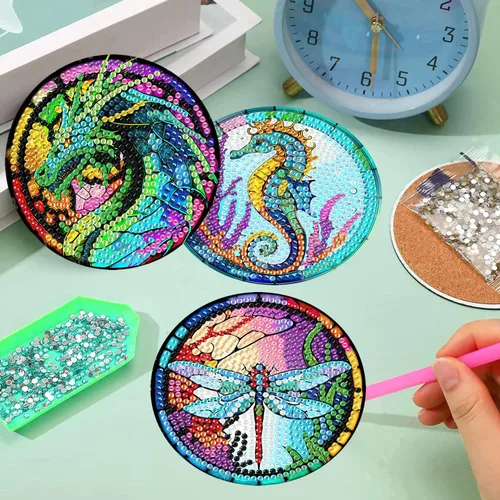 Miniatura 5 de Meothan Juego de 8 posavasos de arte de diamante para adultos con soporte, almohadillas de corcho, posavasos de arte de puntos de diamante de vidrio