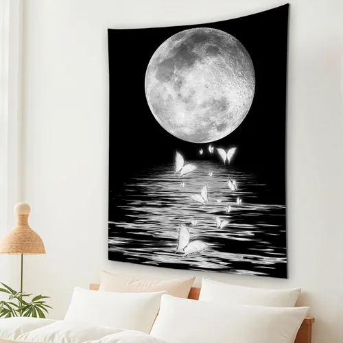 Miniatura 16 de LB Tapiz pequeño de luna llena sobre océano, tapiz de pared de cielo nocturno estrellado, fantasía 3D, arte de pared de luna grande en blanco