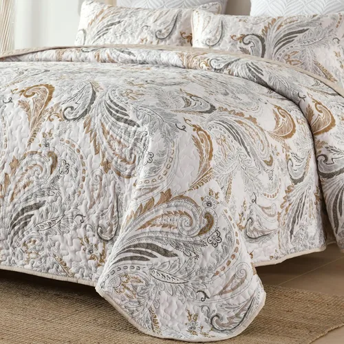 Miniatura 2 de WONGS BEDDING Juego de edredón bohemio tamaño Queen, juego de colcha y cubrecama con estampado floral paisley beige con 2 fundas de almohada, juego