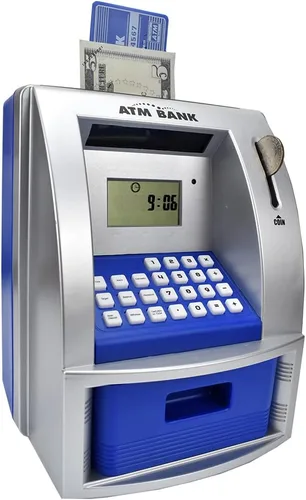 Toy Talking ATM Bank - Caja de ahorros para niños, funciona como un depósito real, retiro, tarjeta de débito, objetivo de ahorro, temporizador y Azul