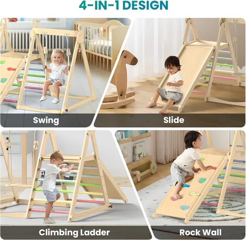 Miniatura 2 de BlueWood Gimnasio de la selva interior 4 en 1, juego de escalada plegable de madera con columpio, tobogán, escalera y pared de escalada, juego