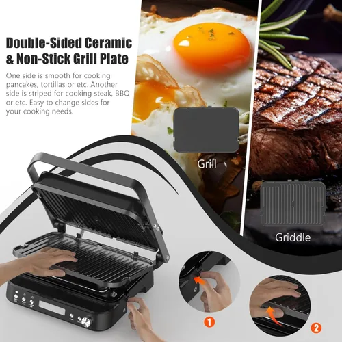 Miniatura 9 de CATTLEMAN Prensa de Parrilla Panini Sandwichera con Placas Extraíbles, 1600W, 5 en 1 Parrilla y Plancha Interior Sin Humo con Termómetro para Carne