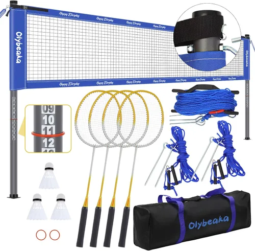 Sistema de red de bádminton portátil para exteriores, para patio trasero, césped, playa, con red duradera, 4 raquetas de aluminio de carbono, 3