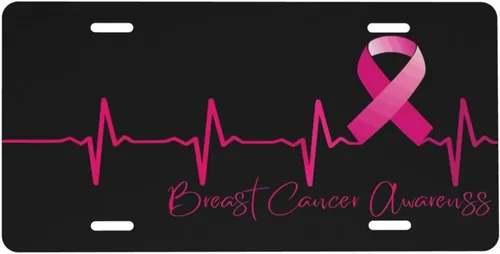 Placa de matrícula de aluminio con cinta rosa de concientización para sobrevivientes de cáncer de mama, 6 x 12 pulgadas, cubierta de metal para