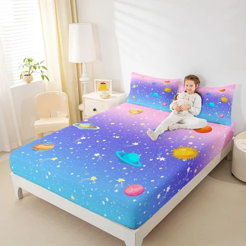 Miniatura 8 de Outer Space - Juego de sábanas tamaño matrimonial para niñas y niños, diseño de arco iris, galaxia, estrellas, planeta, kawaii, pastel, rosa, azul