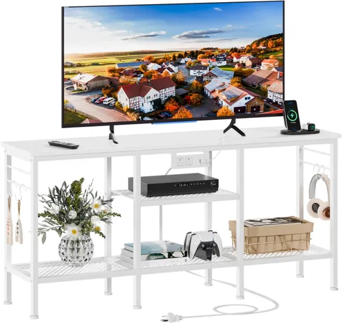 Miniatura 8 de Furologee - Soporte de TV con tomas de corriente, centro de entretenimiento con estantes de almacenamiento abiertos para televisores de hasta 55