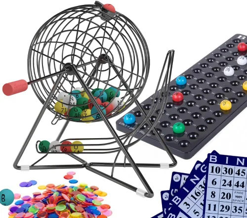 MR CHIPS Juego de bingo profesional de 11 pulgadas de alto con jaula de acero, bolas eternas de 7/8 pulgadas, 18 tarjetas y 1,300 fichas