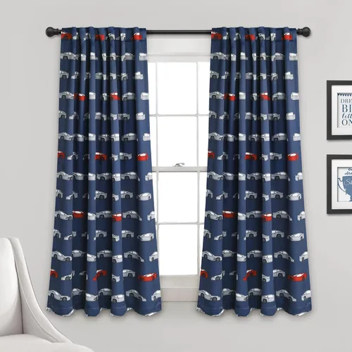 Lush Decor Race Cars - Juego de cortinas para ventana con filtro de luz, 52 pulgadas de ancho x 63 pulgadas de largo, azul marino y rojo