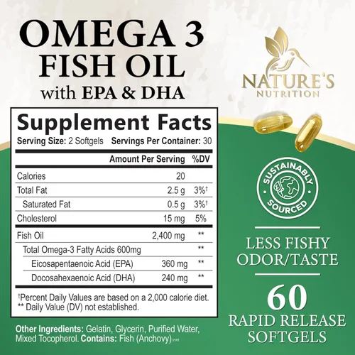 Miniatura 2 de Suplementos de aceite de pescado Omega 3 – 2400 mg de aceite de pescado por porción – Omega-3 de triple fuerza con ácidos grasos EPA y DHA – Apoyo