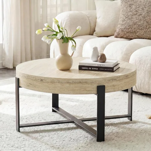 Miniatura 10 de Mesa de centro redonda de 30.7 pulgadas, mesas de centro modernas para sala de estar, mesa de té circular de madera con patas de metal