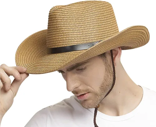 Miniatura 10 de Sombrero de vaquero de paja para hombres y mujeres, sombrero de sol de ala ancha, sombrero de vaquera Panamá con correa para la barbilla, sombrero