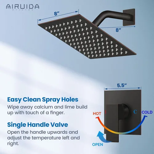 Miniatura 4 de Airuida Juego de grifo de ducha para baño, sistema de ducha de lluvia de 8 pulgadas, cabezal de ducha cuadrado de una sola función, 1 mango