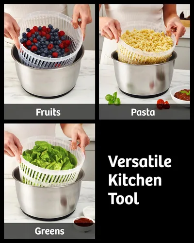 Miniatura 4 de Molinillo de ensalada de acero inoxidable grande, herramienta de cocina fácil y compacta, cuenco de acero inoxidable, drenaje y colador, hilador