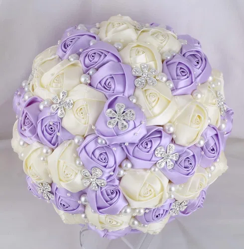 Miniatura 13 de Sharebeauty Ramo de novia de satén hecho a mano de 5.9 pulgadas, ramo de boda, ramo de flores artificiales, color azul claro + blanco W224