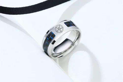 Miniatura 5 de Iglesia de Satanás Joyería Leviatán Cruz Satánica Símbolo Anillo Acero Inoxidable Fibra de Carbono Incrustación Banda para Hombres