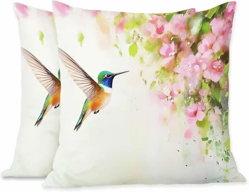 Fundas de almohada de colibrí volador y flores rosadas, pintura al óleo, 18 x 18 pulgadas, fundas de almohada decorativas para sofá, dormitorio,