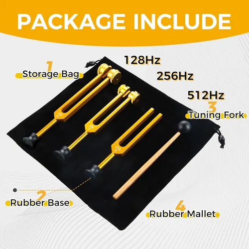 Miniatura 3 de Juego de diapasones 128Hz, 256Hz, 512Hz, instrumentos de sonido, diapasones Chakra con martillo, bolsa de almacenamiento y paño de limpieza, dorado