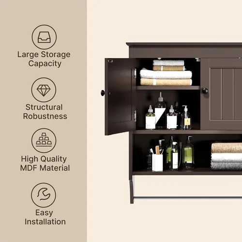 Miniatura 8 de Bealife - Gabinete de baño montado en la pared con barra para toallas y estantes ajustables, gabinete de almacenamiento sobre el inodoro, gabinete