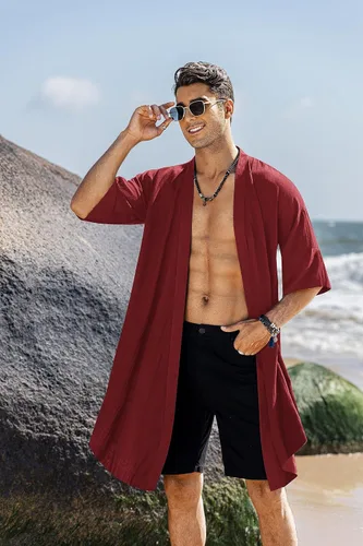 Miniatura 2 de COOFANDY Cárdigan de algodón con cuello de chal con volantes para hombre, chaqueta larga tipo kimono con parte delantera abierta