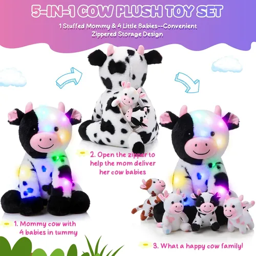 Miniatura 4 de Sumind 5 piezas de conjunto de animales de peluche de vaca de 13.78 pulgadas, mami vaca de peluche con 4 lindos becerros en su barriga, grandes
