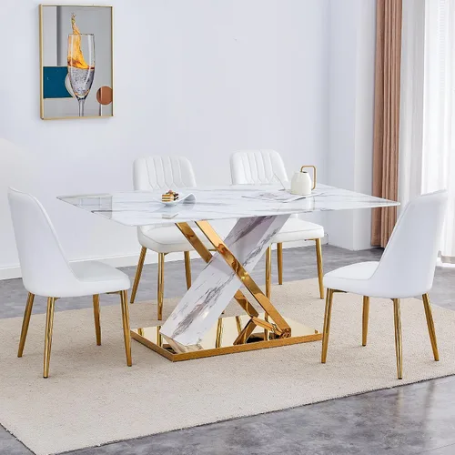 Miniatura 32 de Juego de mesa de comedor de mármol para mesa rectangular blanca de 4.63 pulgadas con marco de metal plateado en forma de X y 4 sillas de comedor