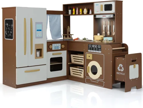HONEY JOY Cocina de Esquina de Juego con Bote de Basura, Gran Juego de Cocina de Madera de Juguete con Luces, Refrigerador, Utensilios de Cocina,